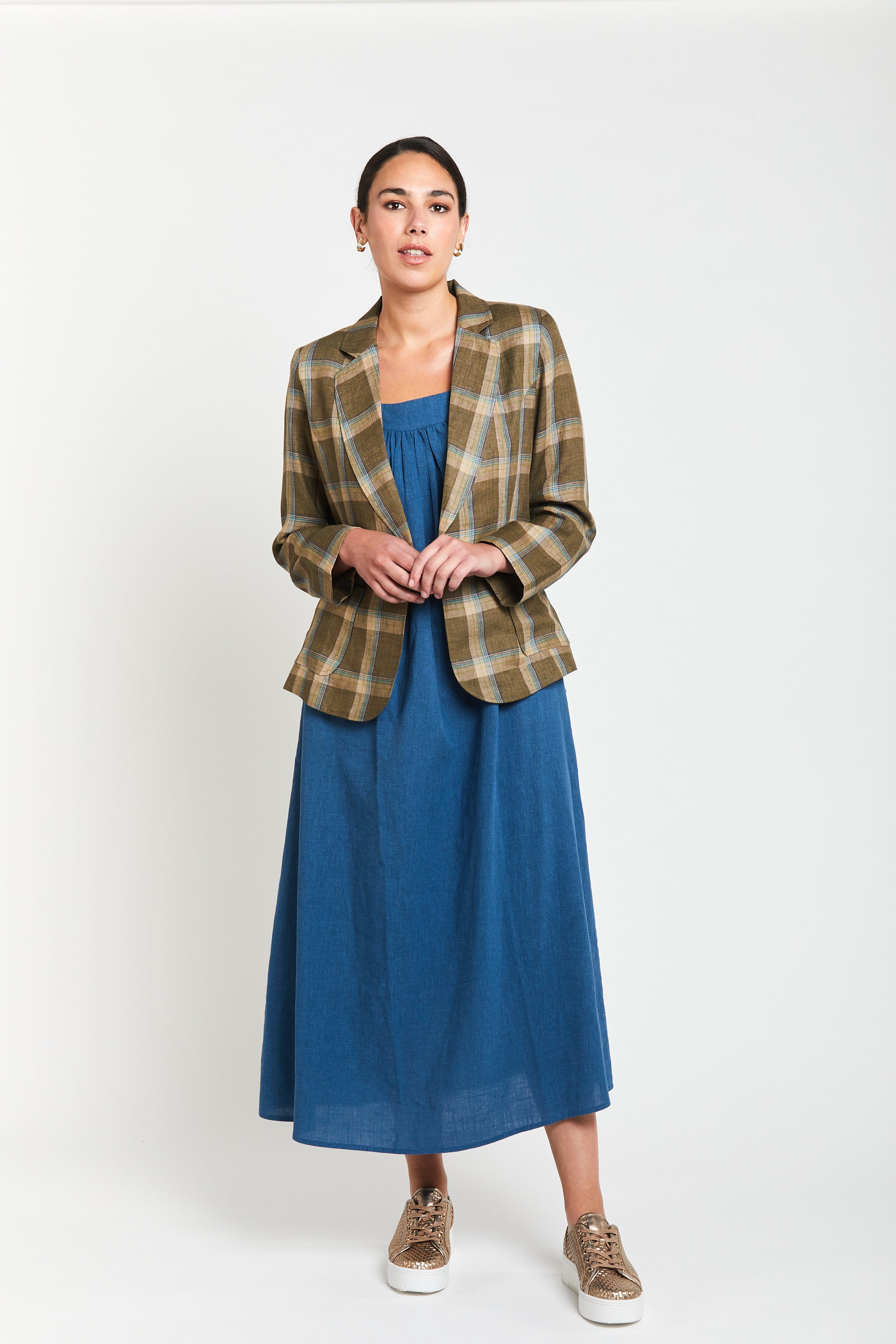 Dublin Linen Blazer - Olive Check