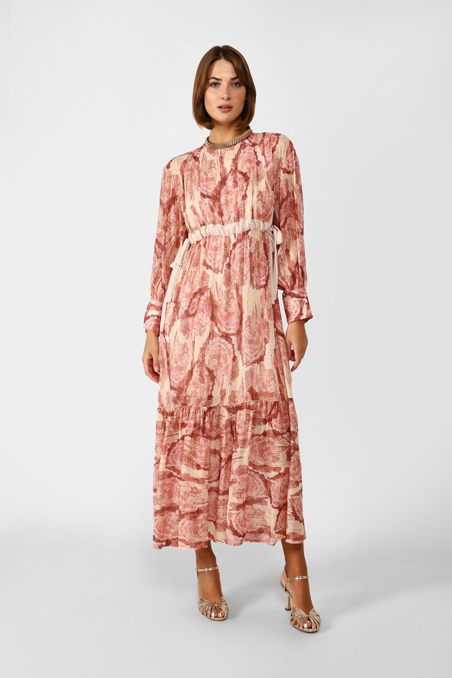 CLEARANCE Long Abstract Print Dress with Darts and Sash Belt - Rosa