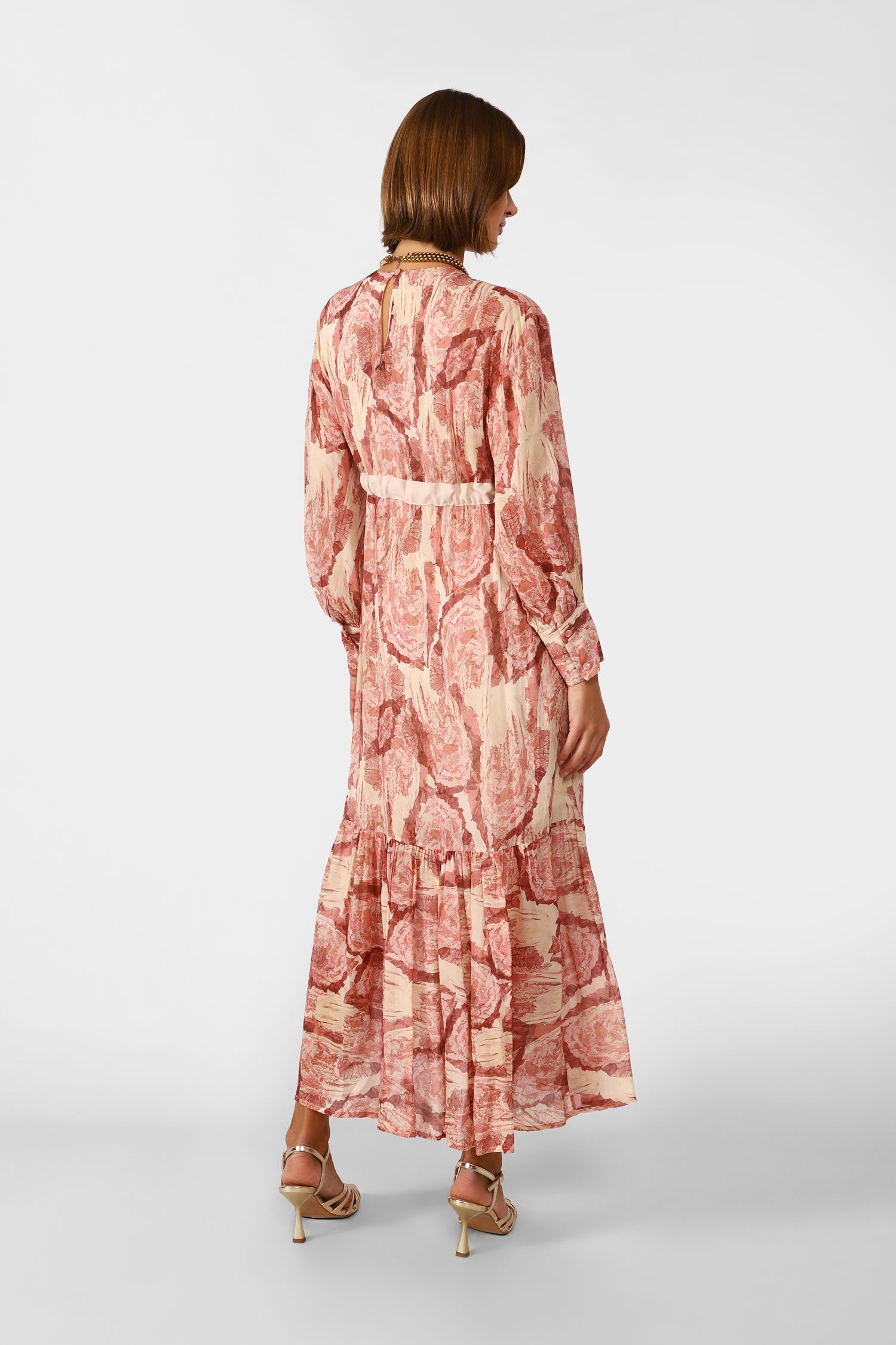CLEARANCE Long Abstract Print Dress with Darts and Sash Belt - Rosa