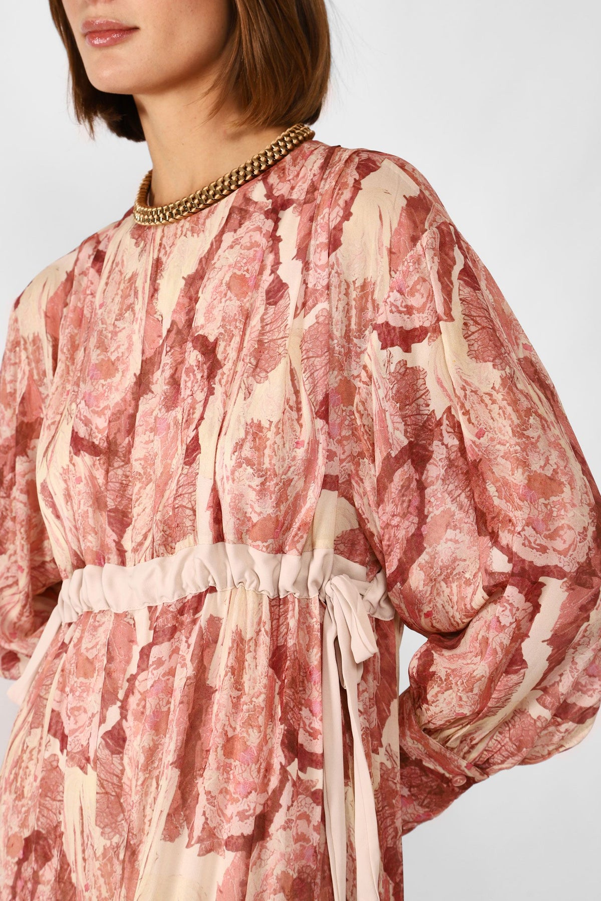 Dixie CLEARANCE Long Abstract Print Dress with Darts and Sash Belt - Rosa