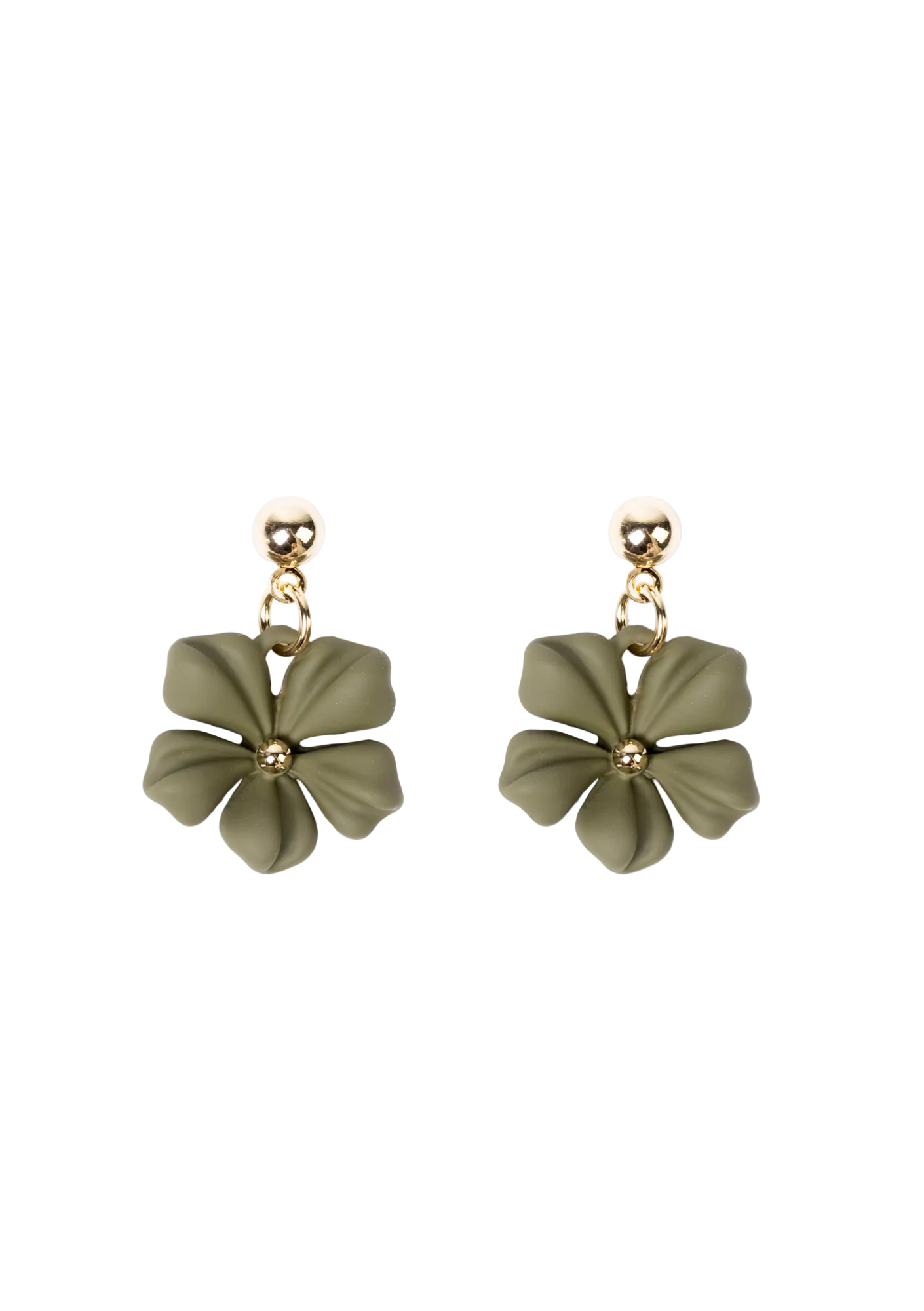 Pair of green flower-shaped earrings on a white background