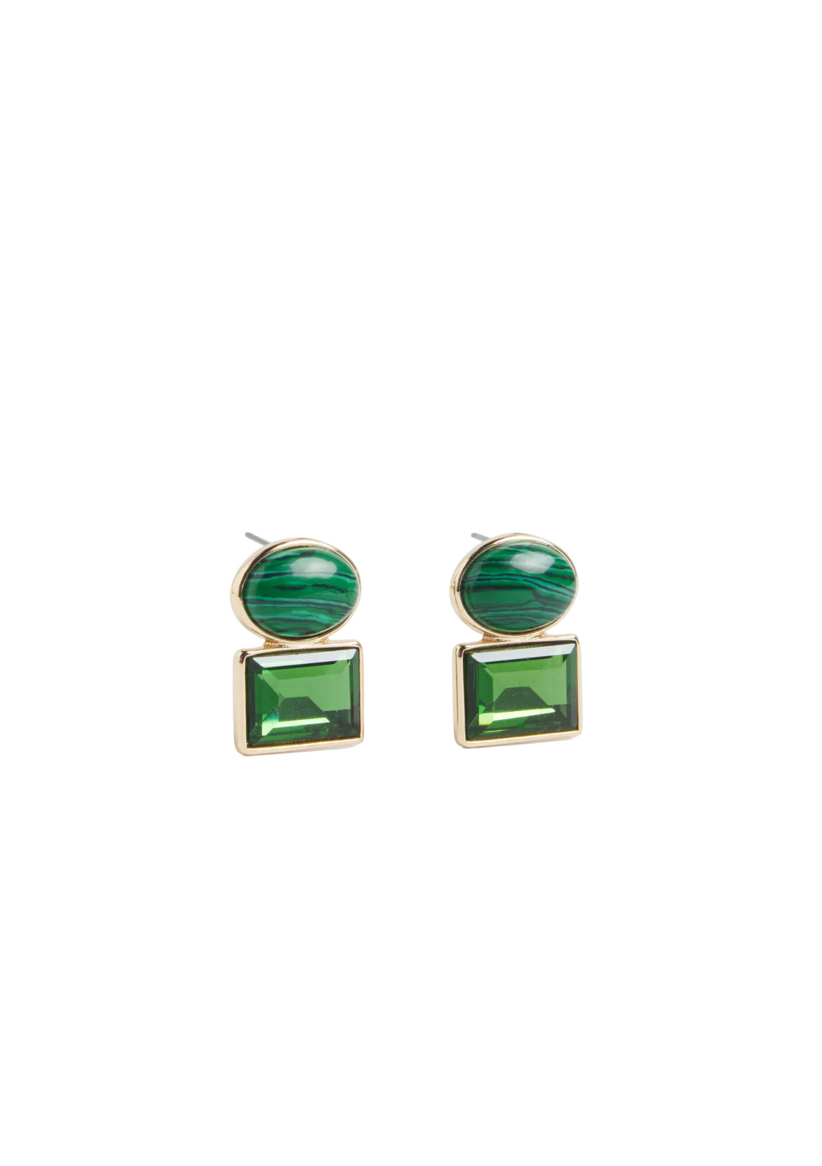 A pair of Kempa earrings with a polished metal base and natural stone set in an oval shape, accompanied by a square glass accent.