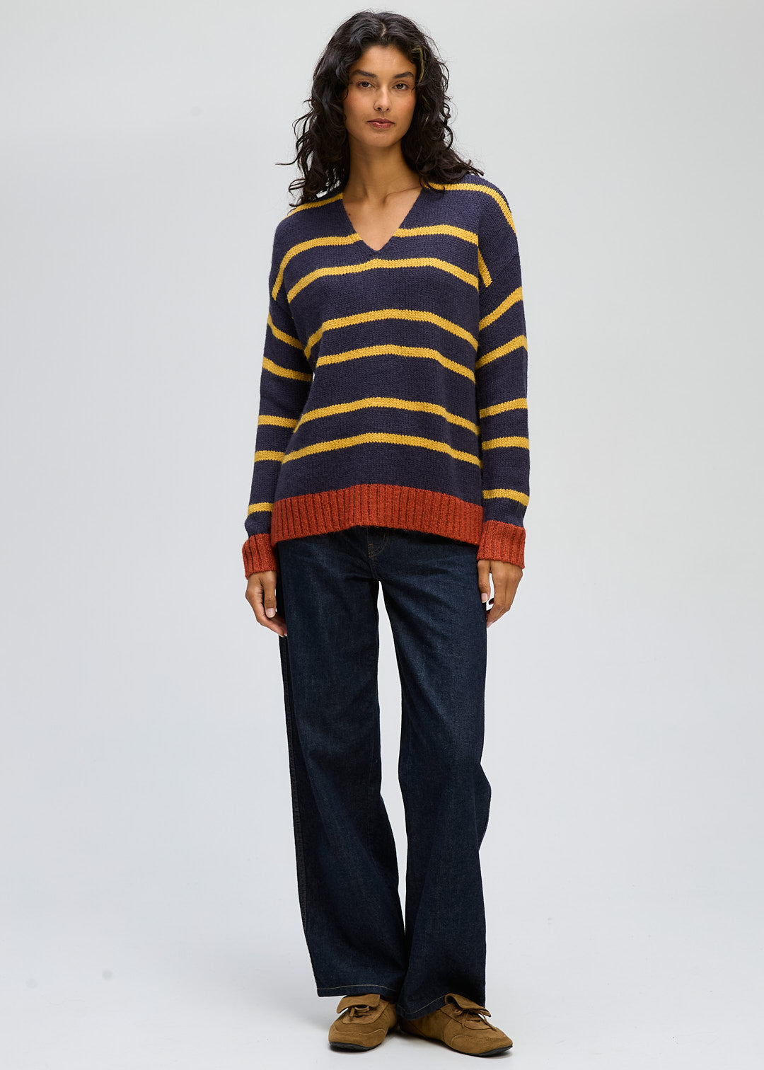 Cozy Stripe V Jumper - Rust
