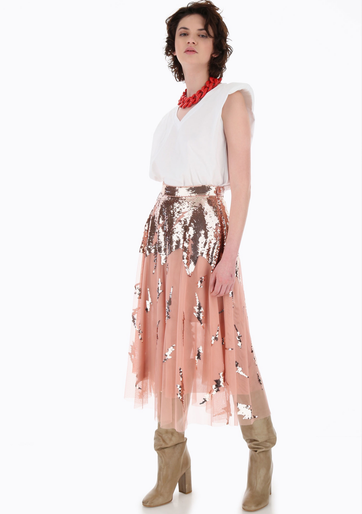 Dixie CLEARANCE Lightning Bolt Sequinned Sheer Midi Skirt - Nude