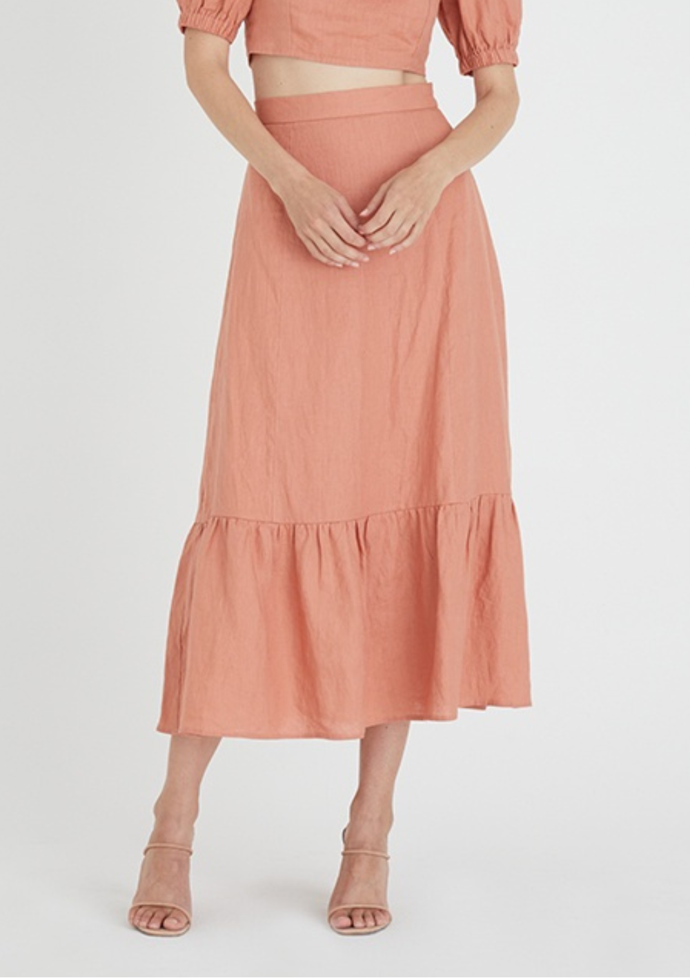 We Are Kindred CLEARANCE Lucia Midi Skirt with Ruffle Hem - Terracotta