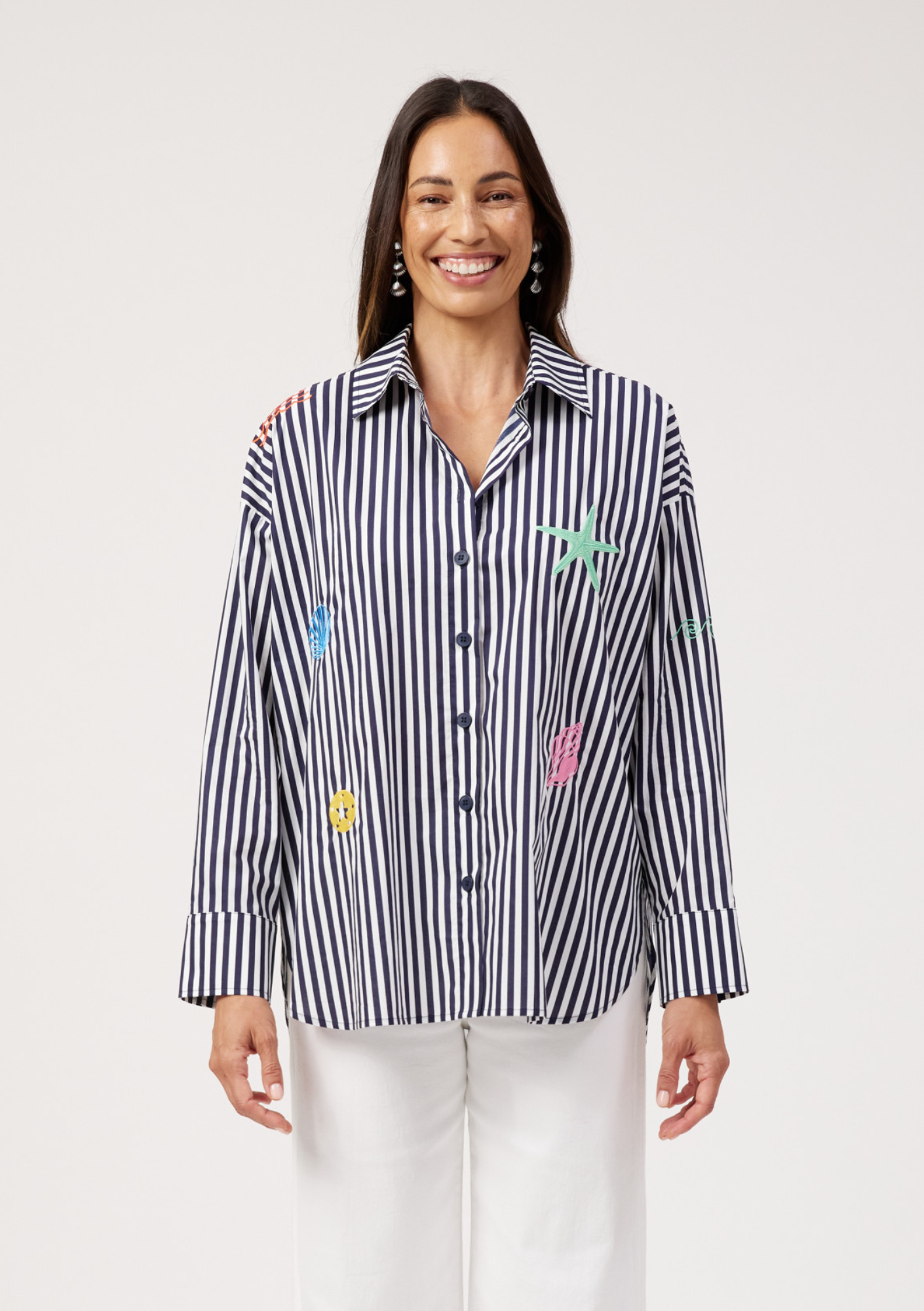 Mykonos Embroidered Stripe Shirt - Navy