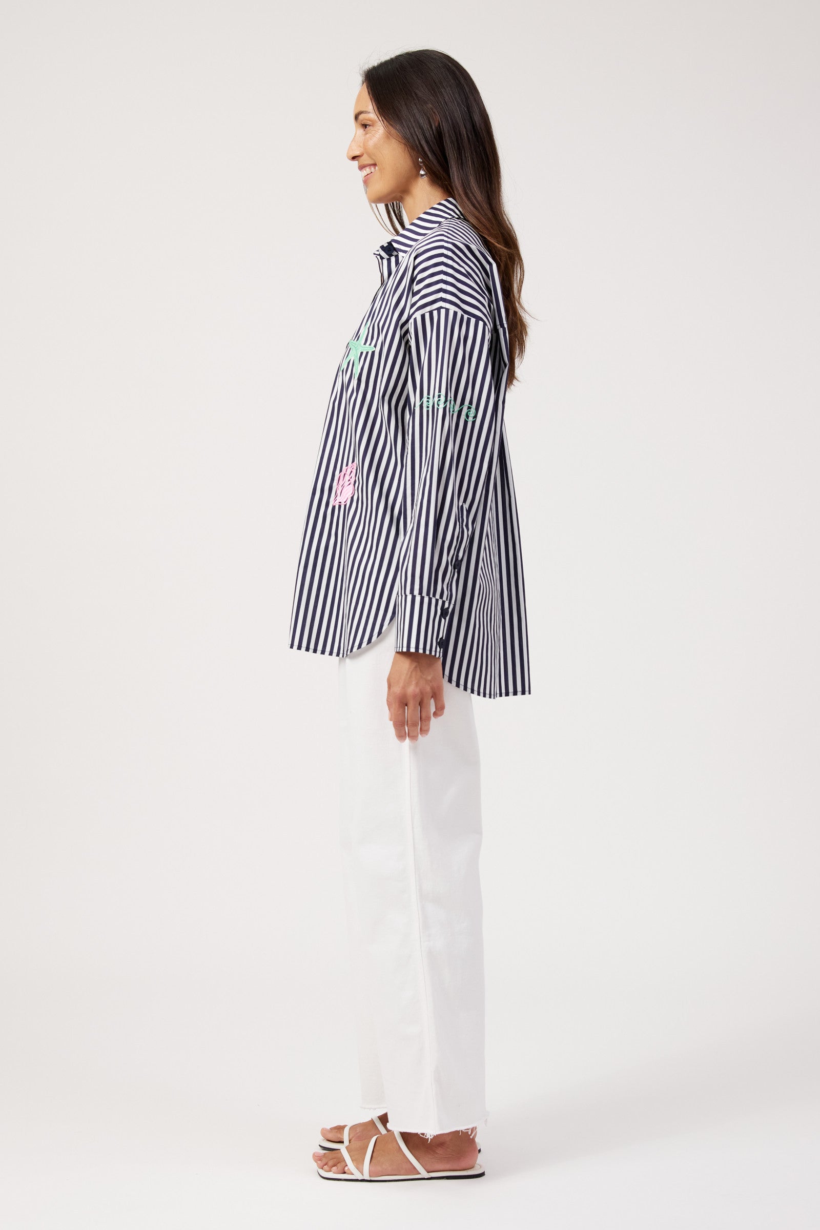 Mykonos Embroidered Stripe Shirt - Navy