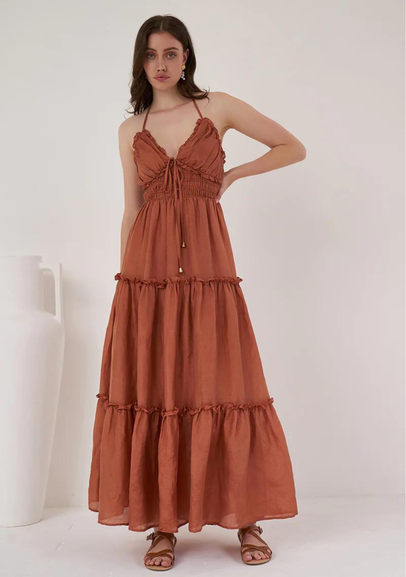 CLEARANCE Primrose Silk Halter Neck Tiered Maxi Dress - Burnt Amber