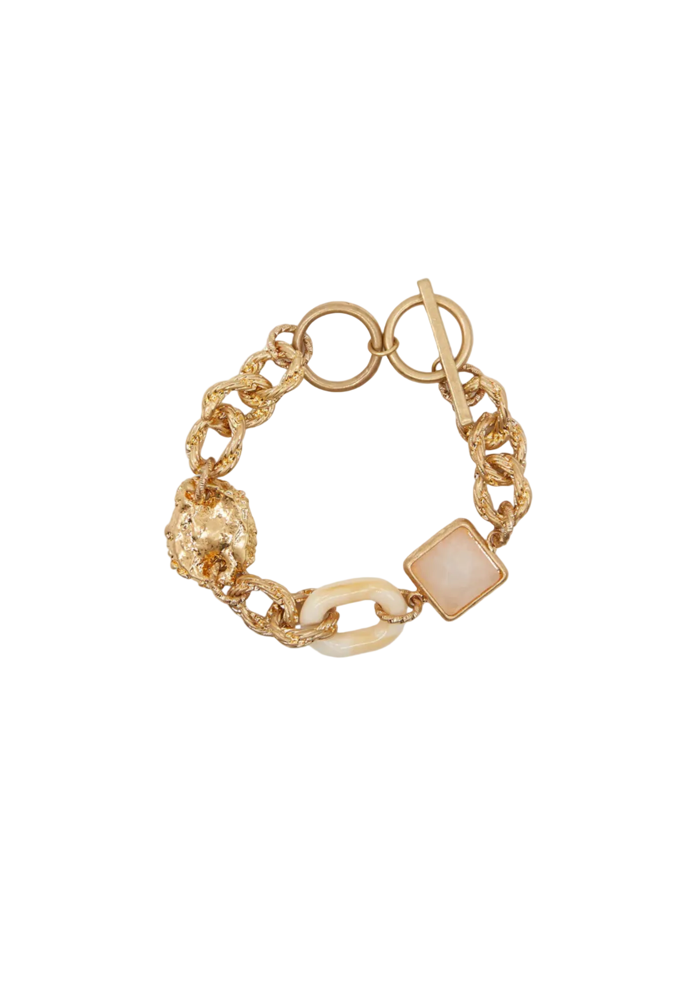A gold-colored chunky beaten chain bracelet with a pink quartz square-shaped pendant.