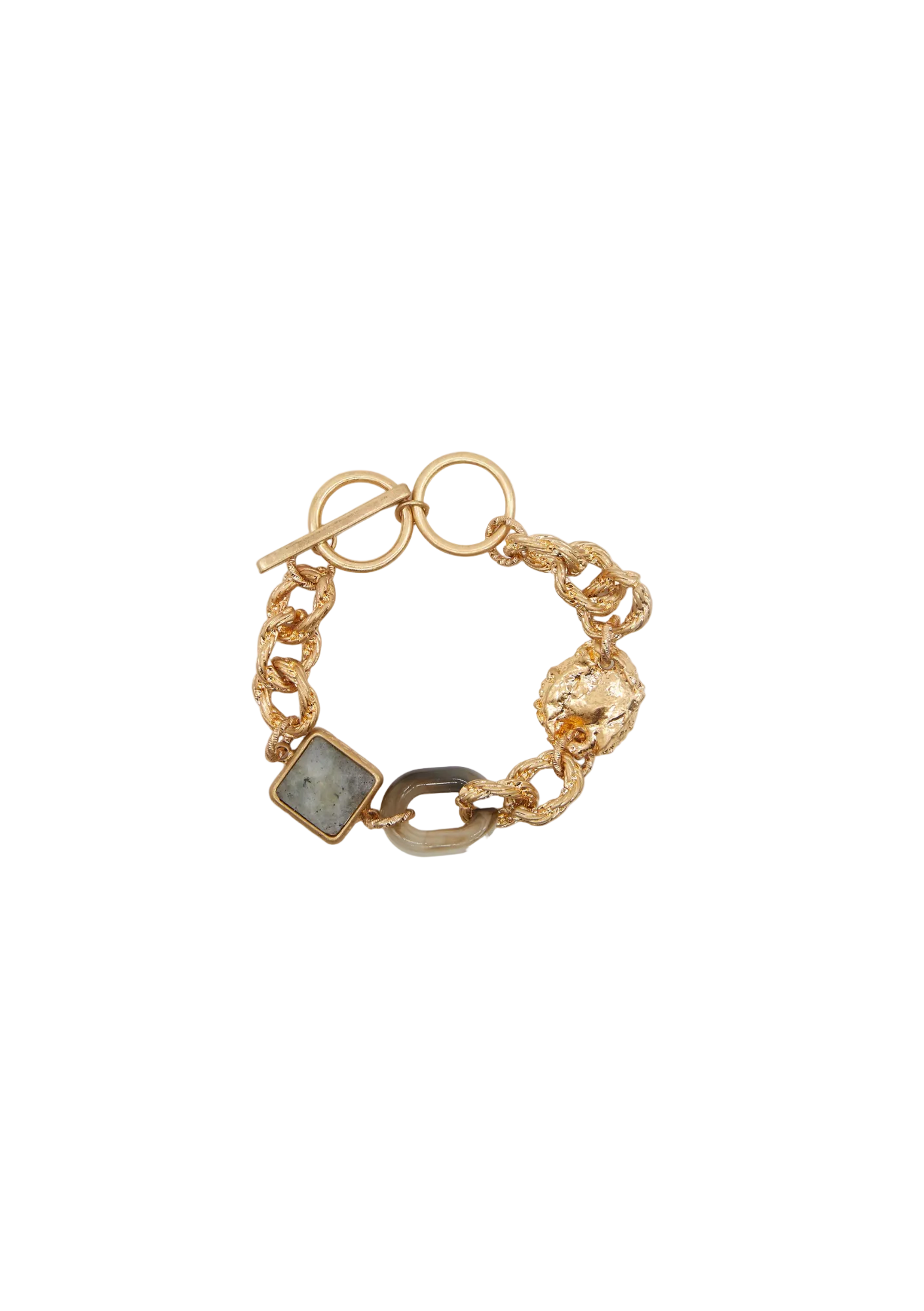 A gold-colored chunky beaten chain bracelet with gray quartz, displayed against a white background.