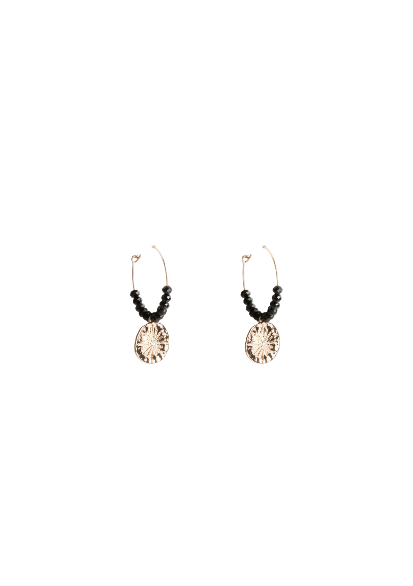 A pair of gold-colored hoop earrings with black beaded details and a gold sun disc charm at the bottom.