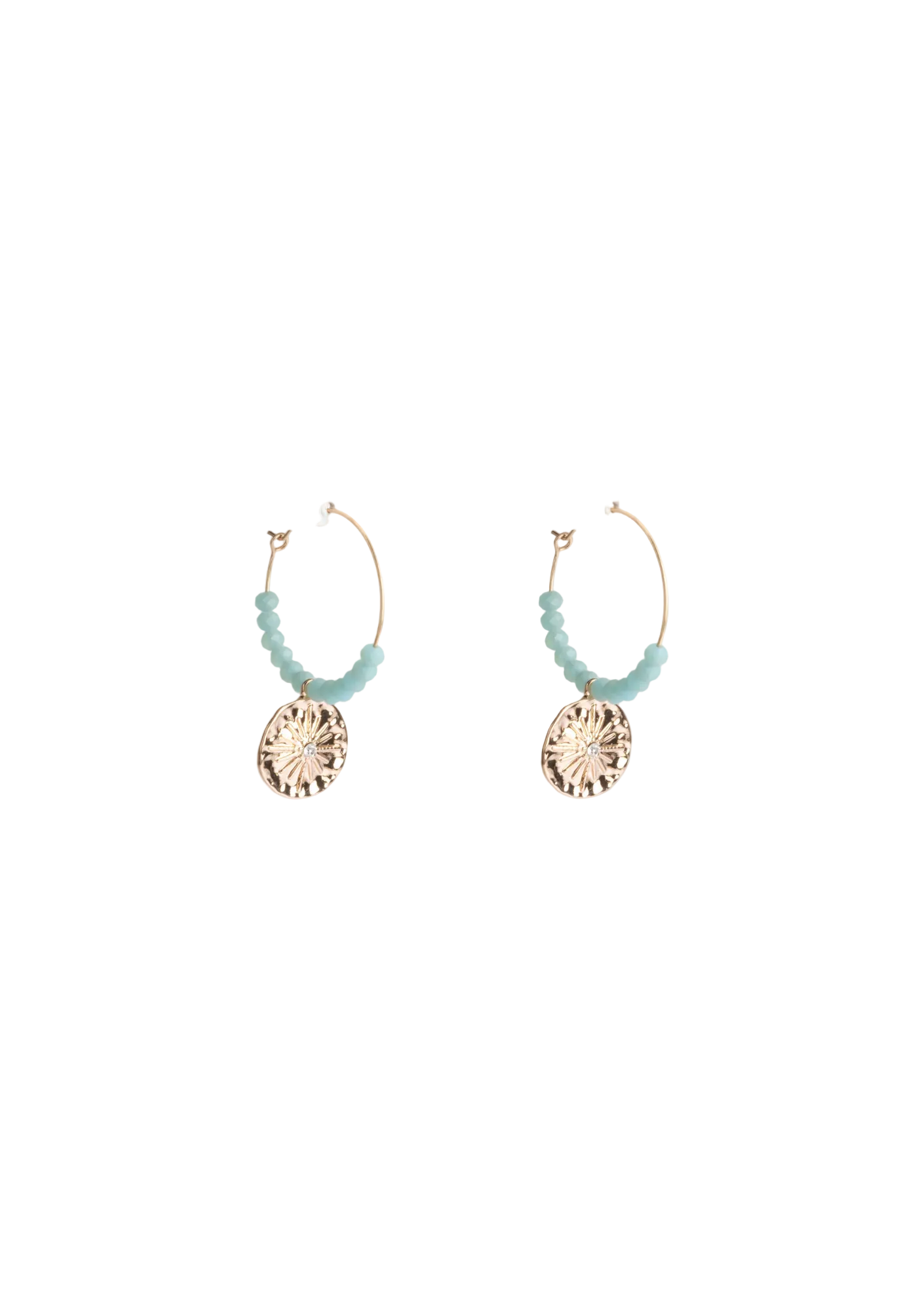 A pair of gold wire hoop earrings with gold sun disc charms and aqua faceted beads.