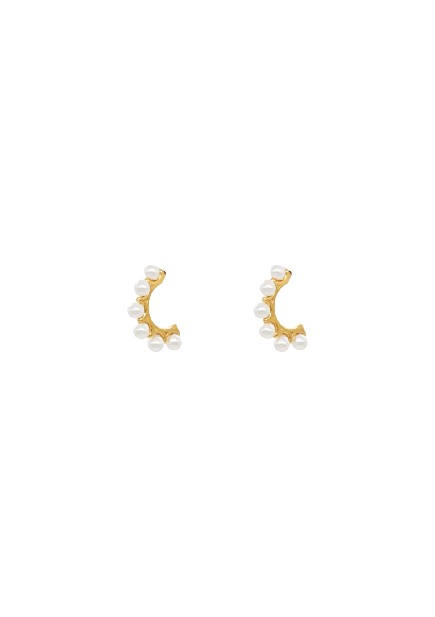 A pair of gold hoop earrings with pearl accents on a white background