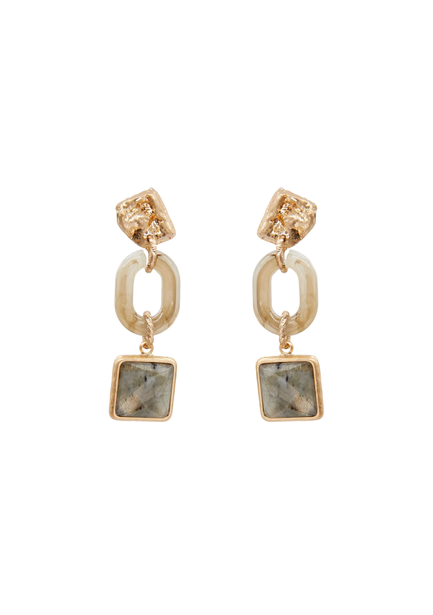 A pair of gold-colored earrings featuring a resin link design with gray quartz stones.
