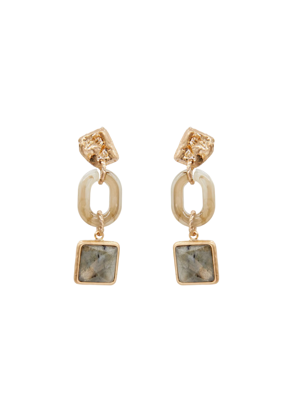 A pair of gold-colored earrings featuring a resin link design with gray quartz stones.