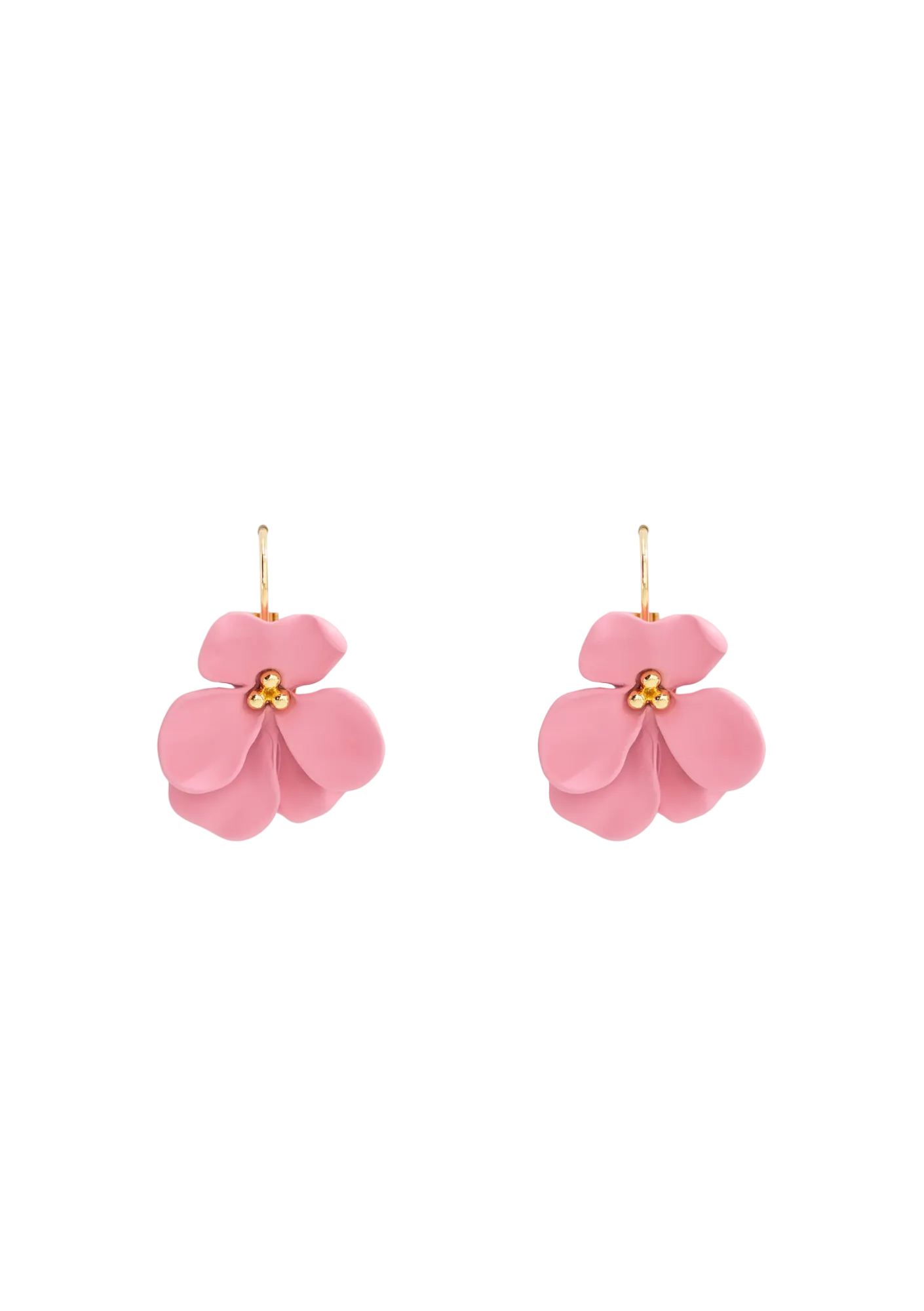 A pair of pink floral earrings with gold hooks and centers, displayed against a white background