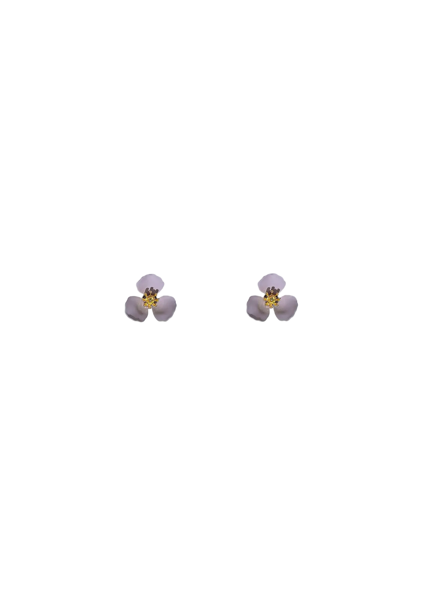 A pair of matt pink flower petal earrings with a yellow center on a white background.