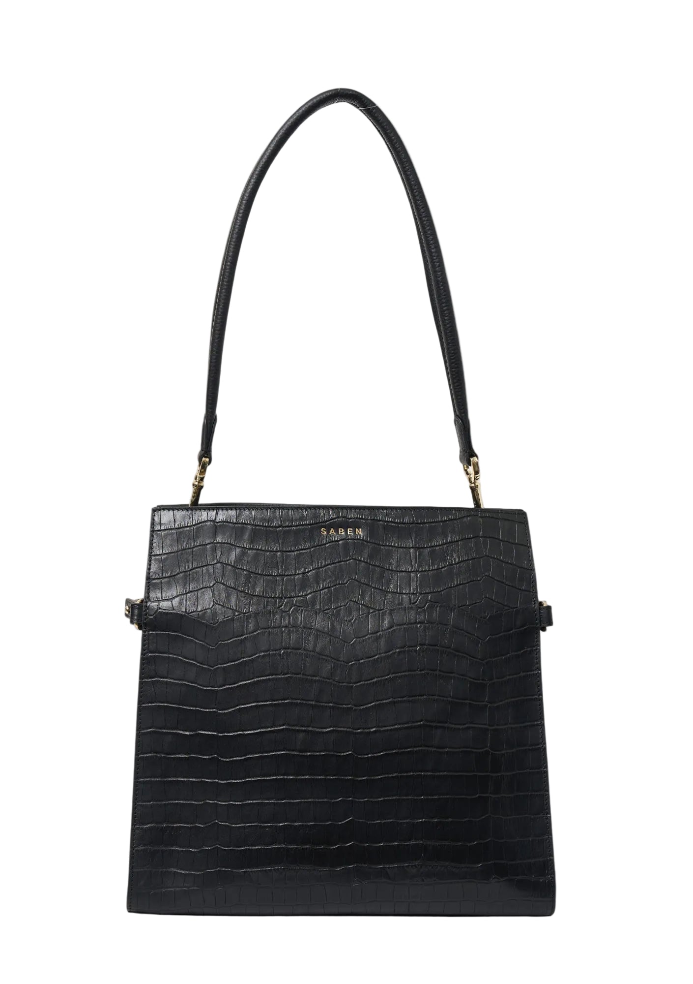 Black textured handbag with a gold clasp on a white background