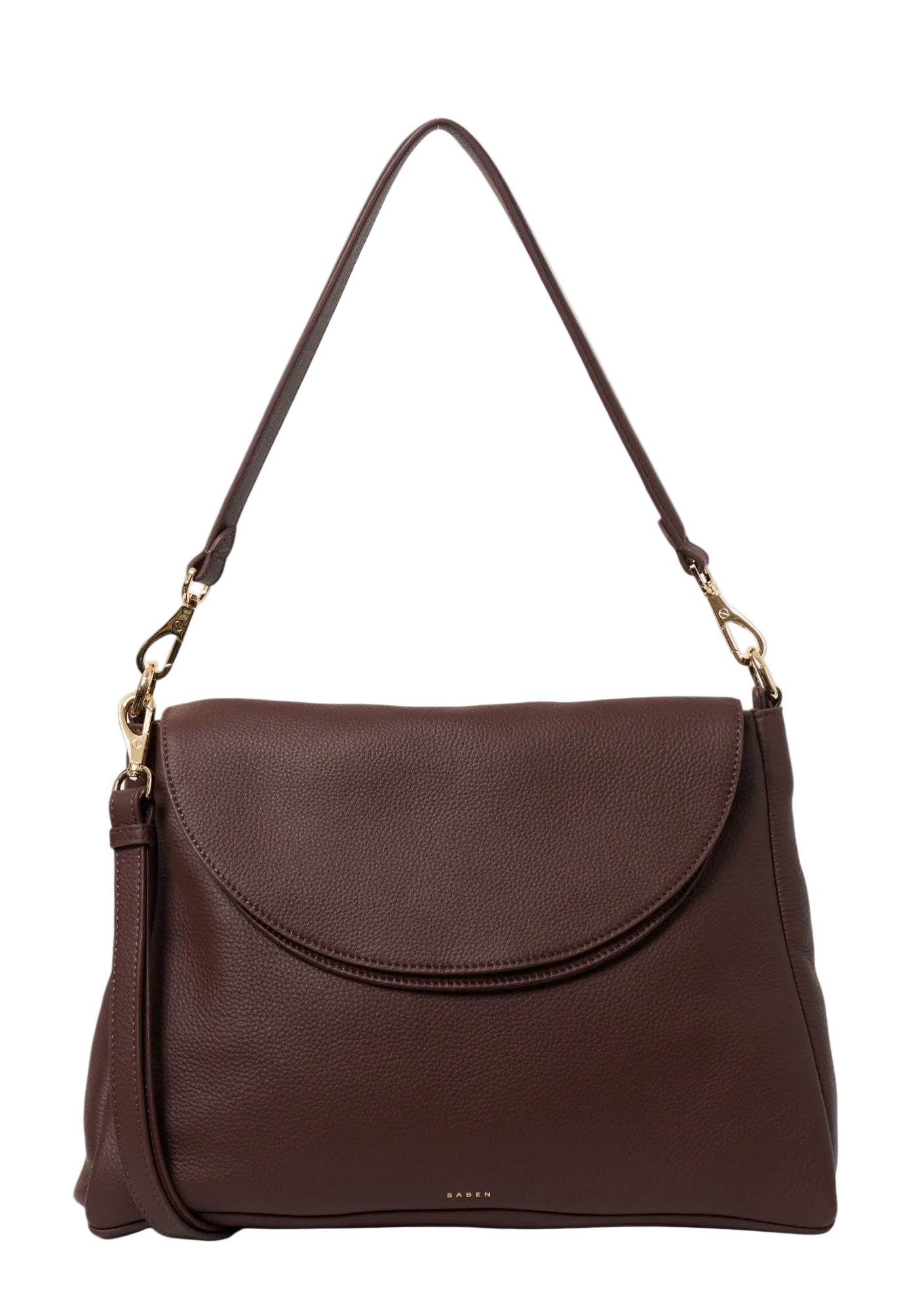Brown leather handbag with a shoulder strap on a white background