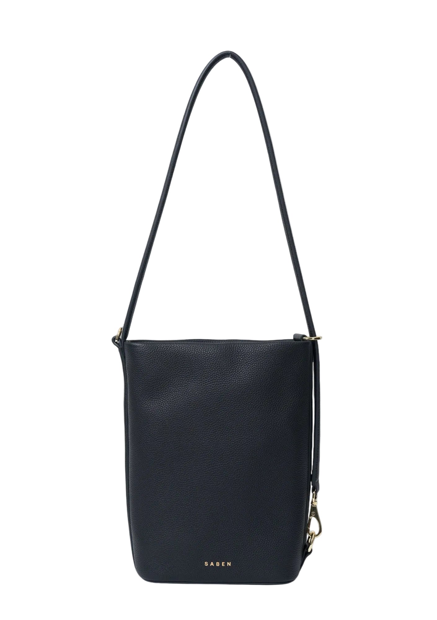 Black shoulder bag with a strap on a white background