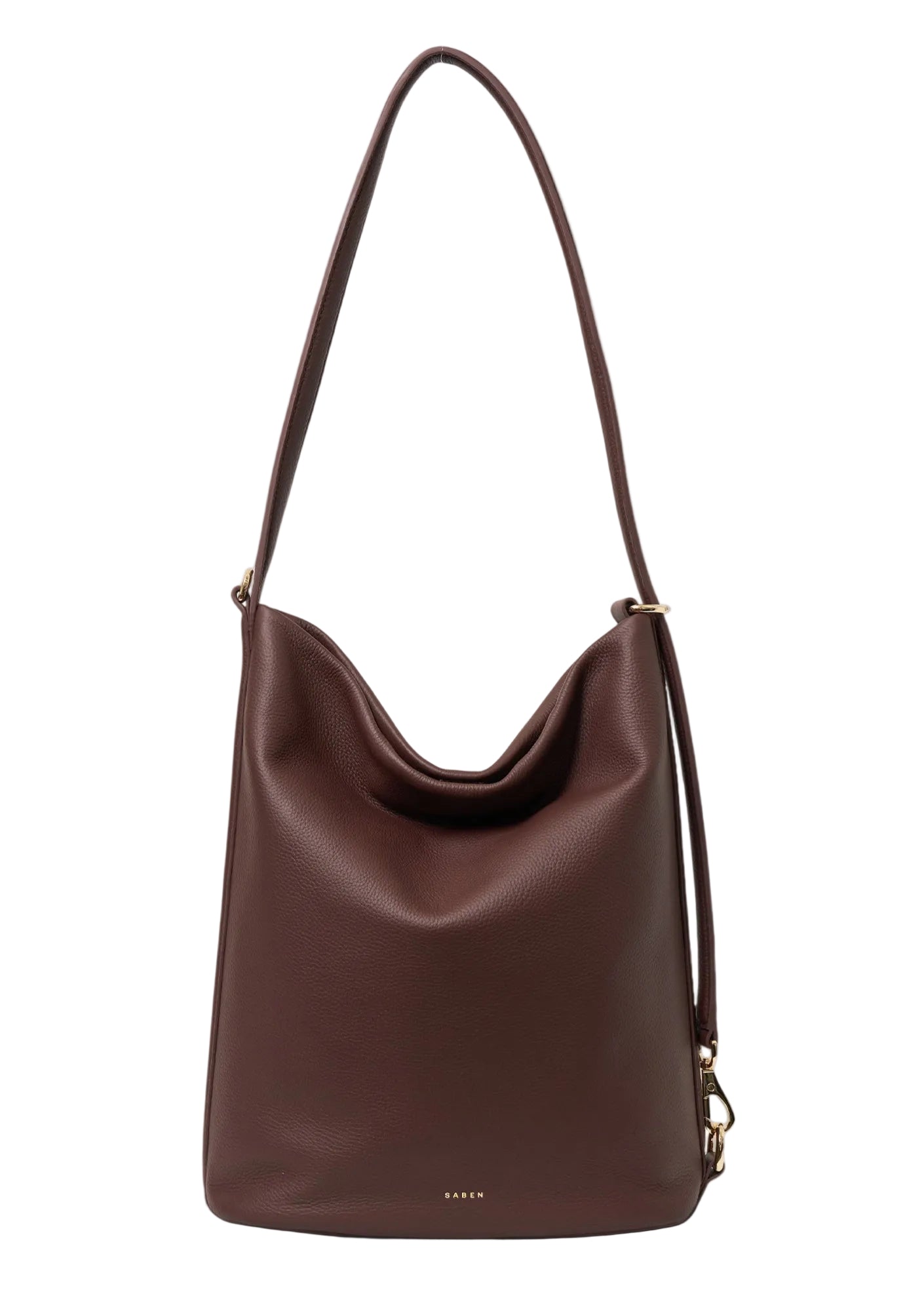 Brown leather handbag with a strap on a white background