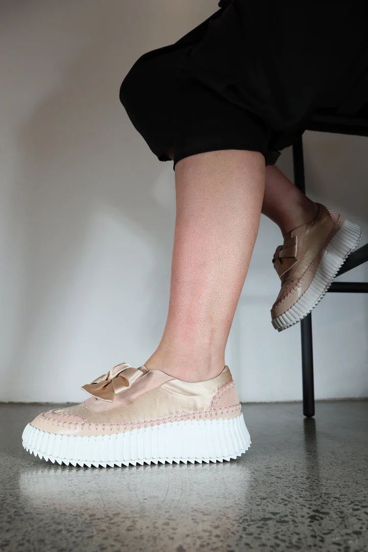 Stitched Bow Sneaker - Champagne Satin Leather