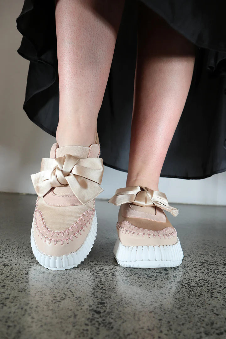 Stitched Bow Sneaker - Champagne Satin Leather
