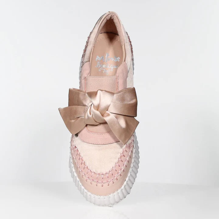 Stitched Bow Sneaker - Champagne Satin Leather