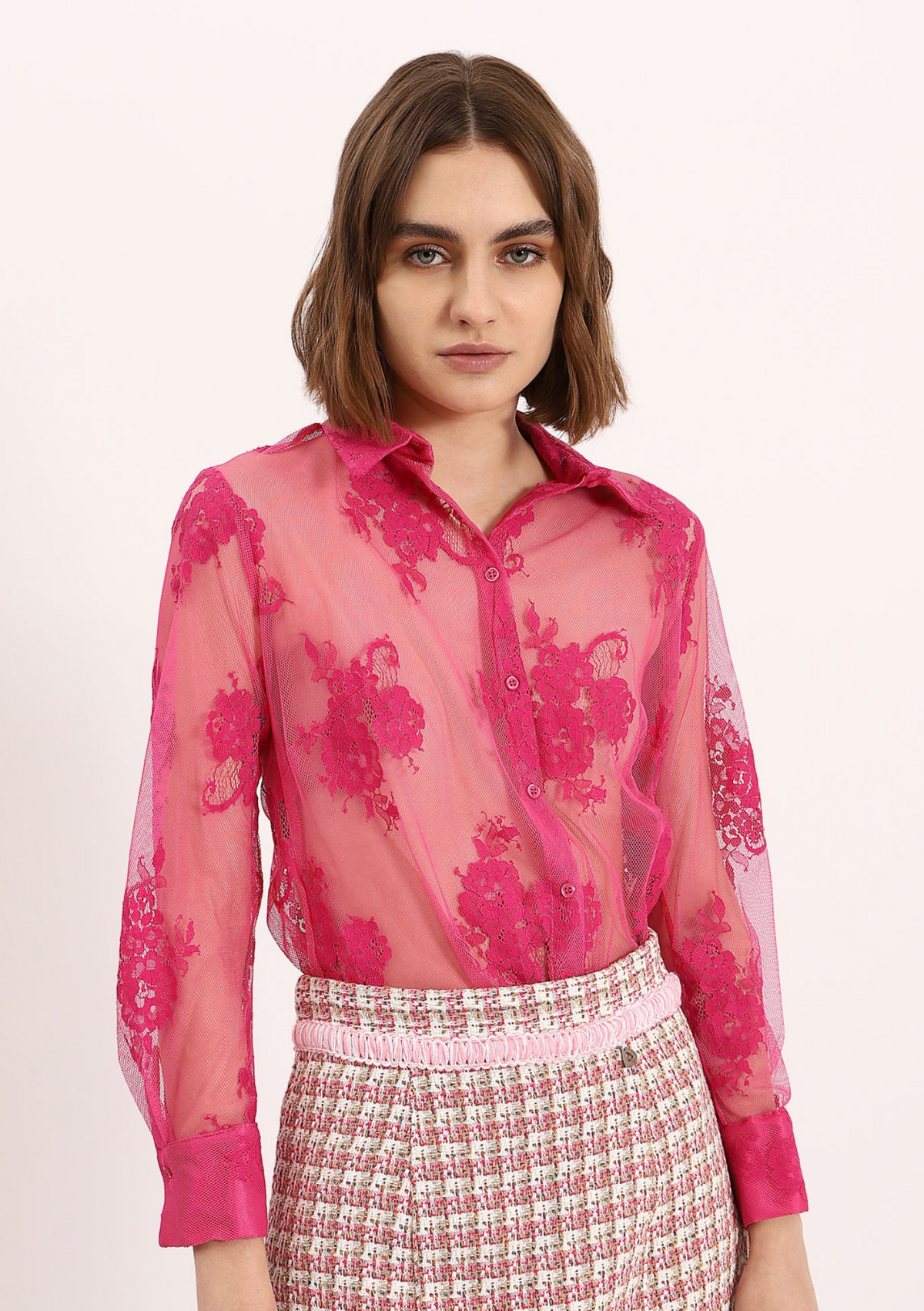 Dixie CLEARANCE Transparent Effect Shirt with Classic Collar - Fuxia
