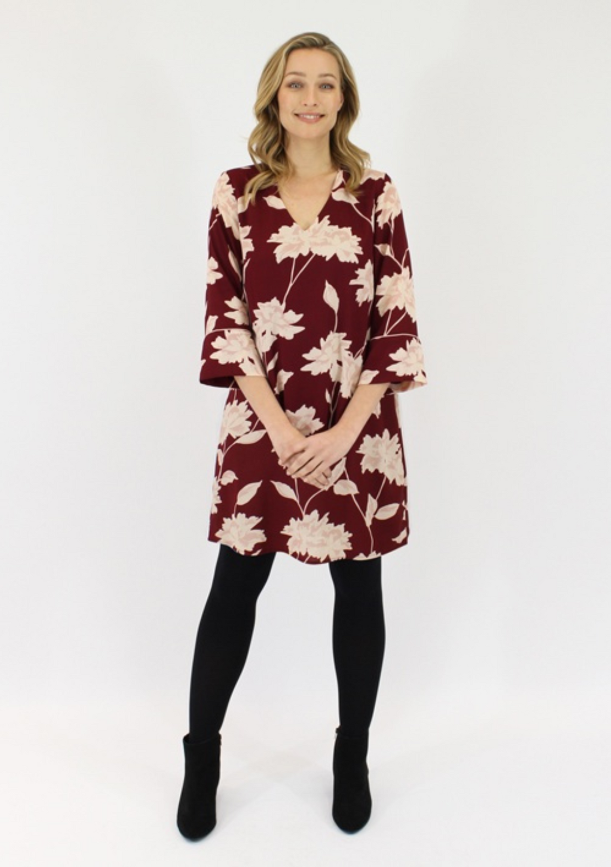Jendi CLEARANCE V Neck Bell Sleeve Dress - Maroon Floral