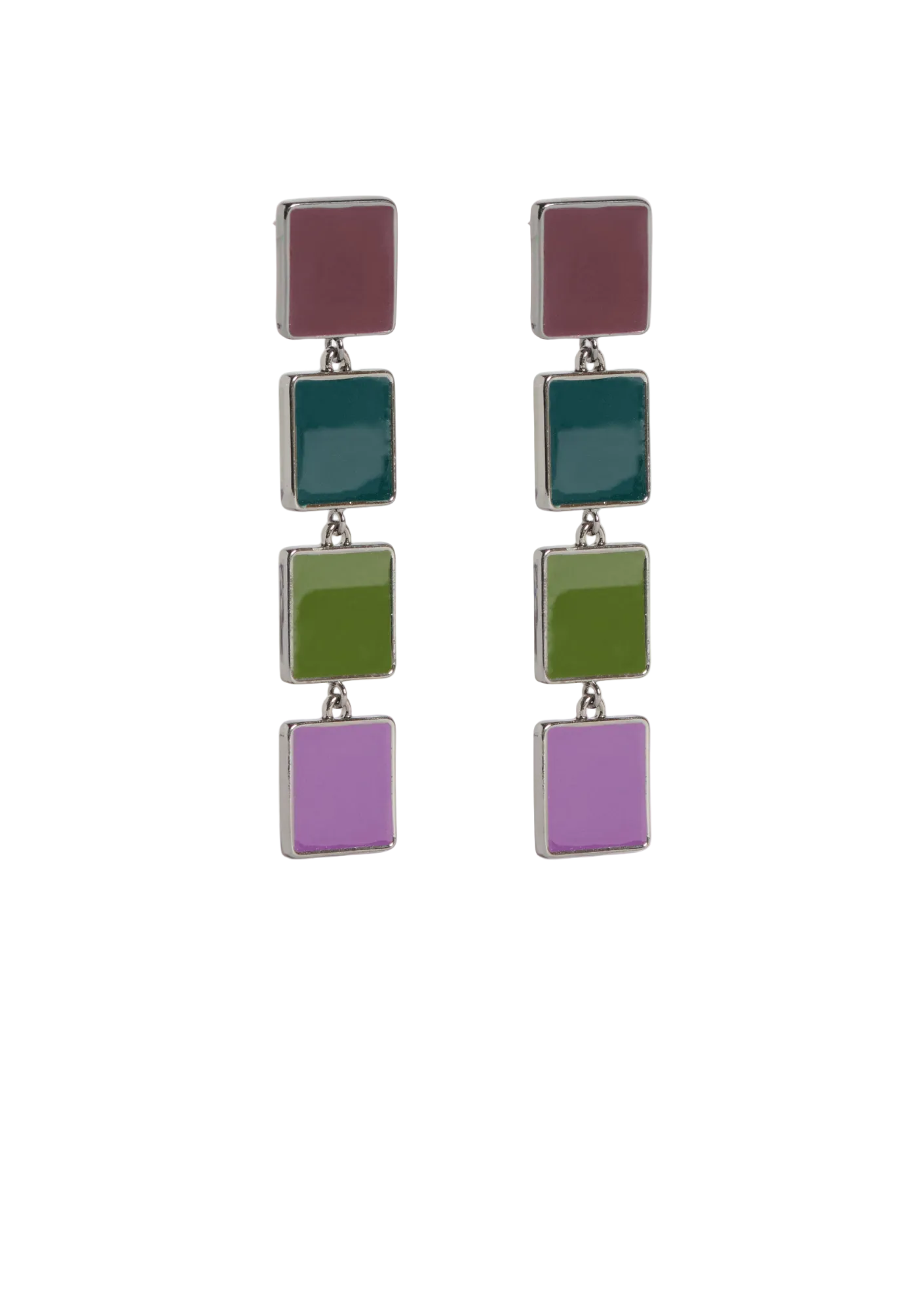 Multicolored square drop earrings on a white background