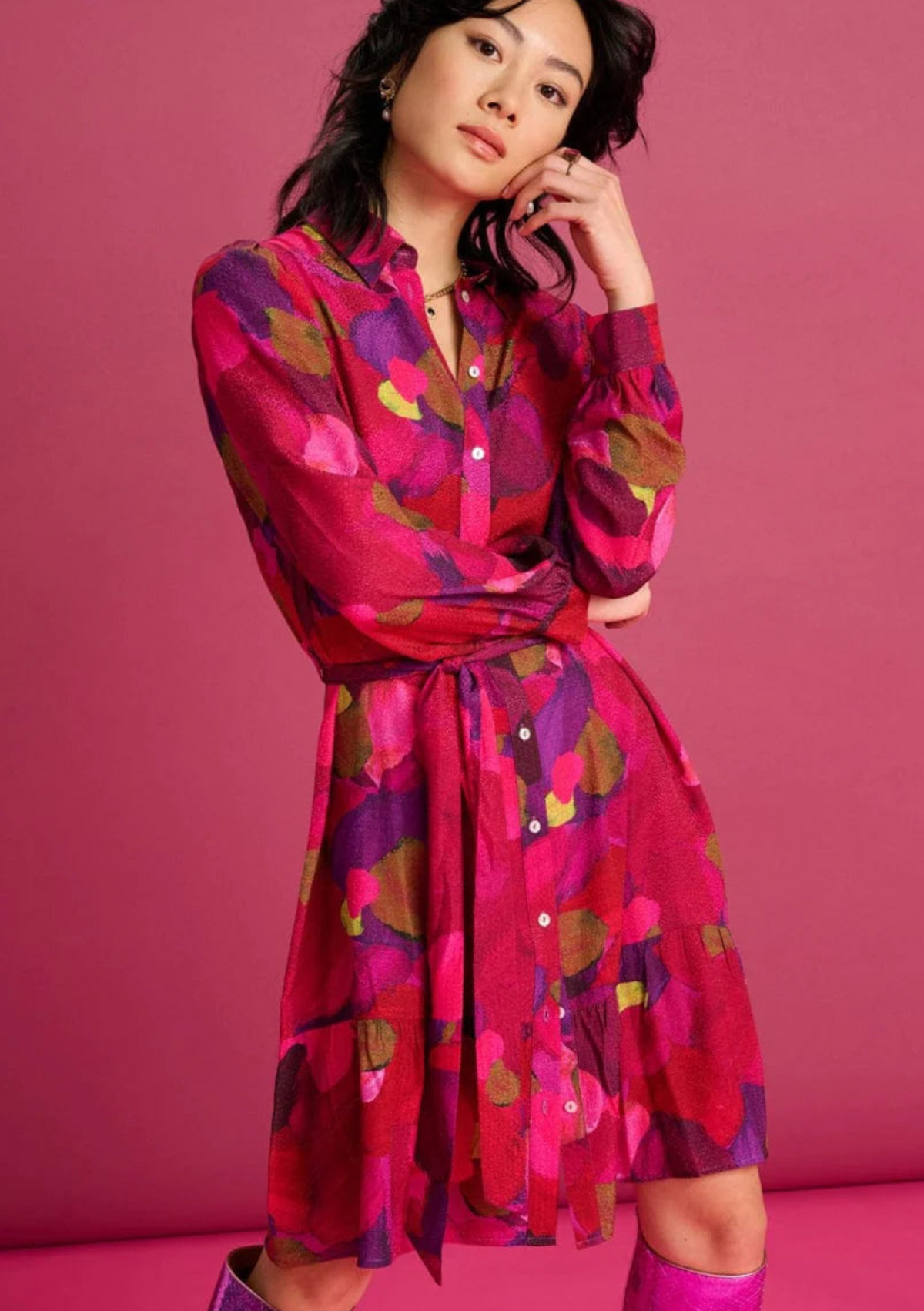 Pom Amsterdam CLEARANCE Brushwork Dress - Fiery Pink
