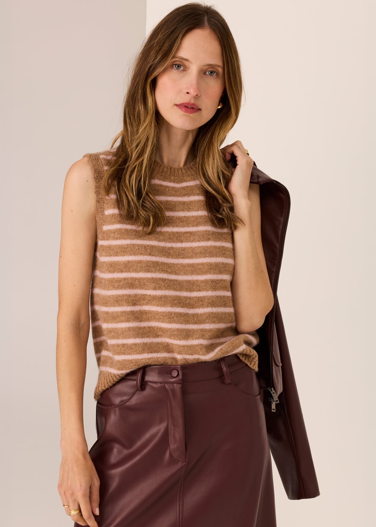 Pol Carmel Striped Vest - Camel / Blush