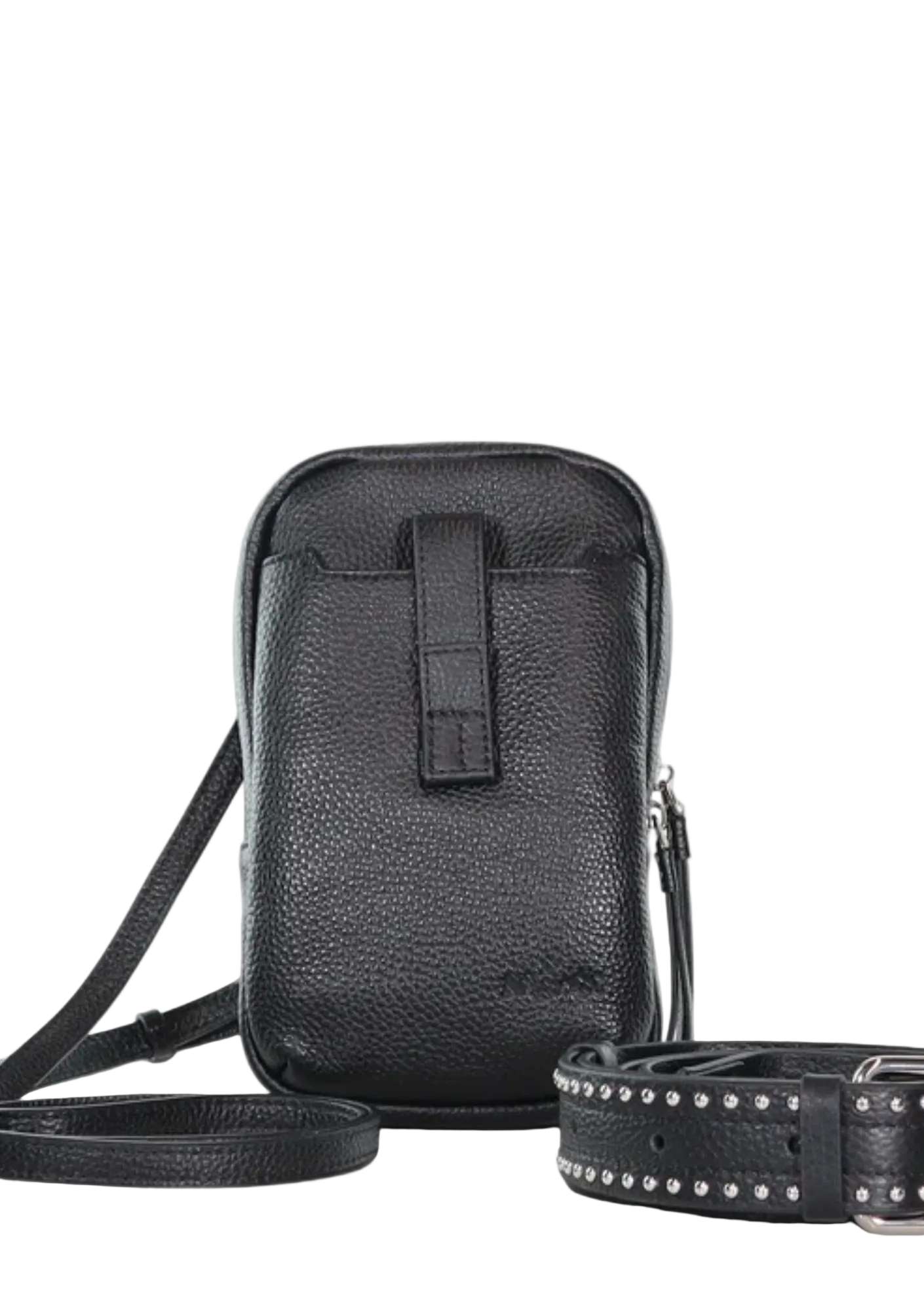 Black leather crossbody bag with a strap on a white background