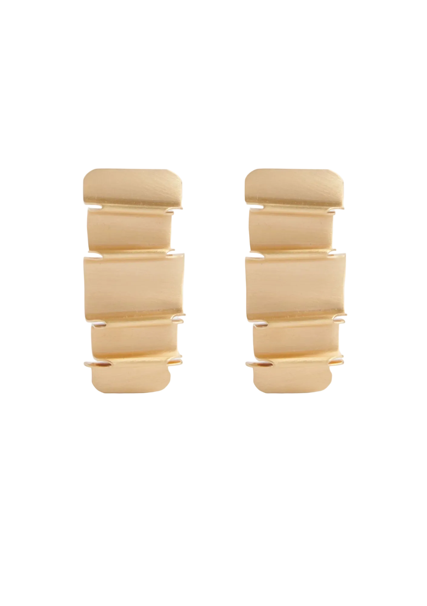 A pair of long, gold-colored earrings with horizontal folds and rounded edges, on a white background.