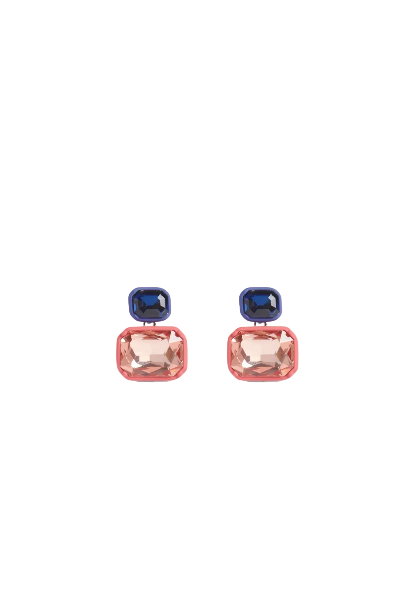 A pair of Jule stud earrings with orange and blue glass beads set in a rubberized metal frame, with a titanium post and brass backing.