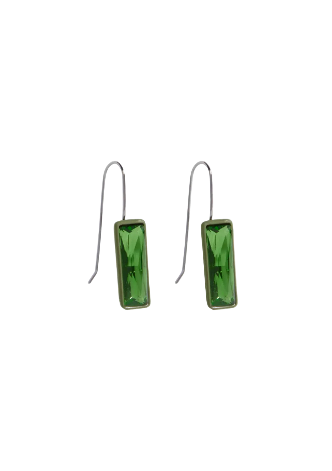 Green rectangular earrings on a white background