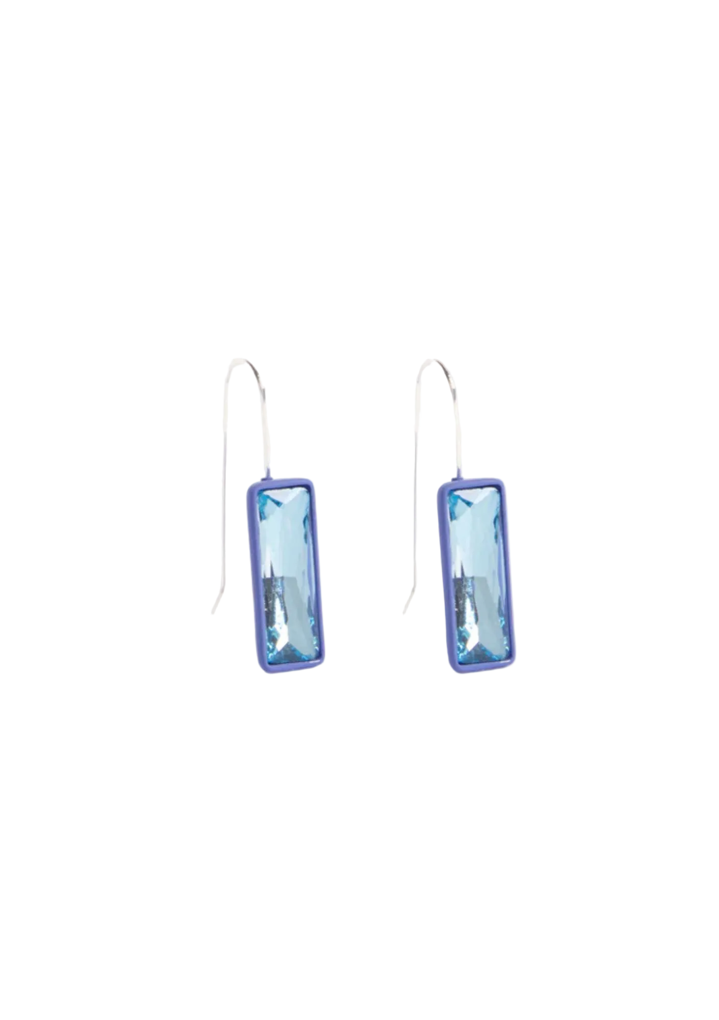Pair of blue rectangular earrings on a white background