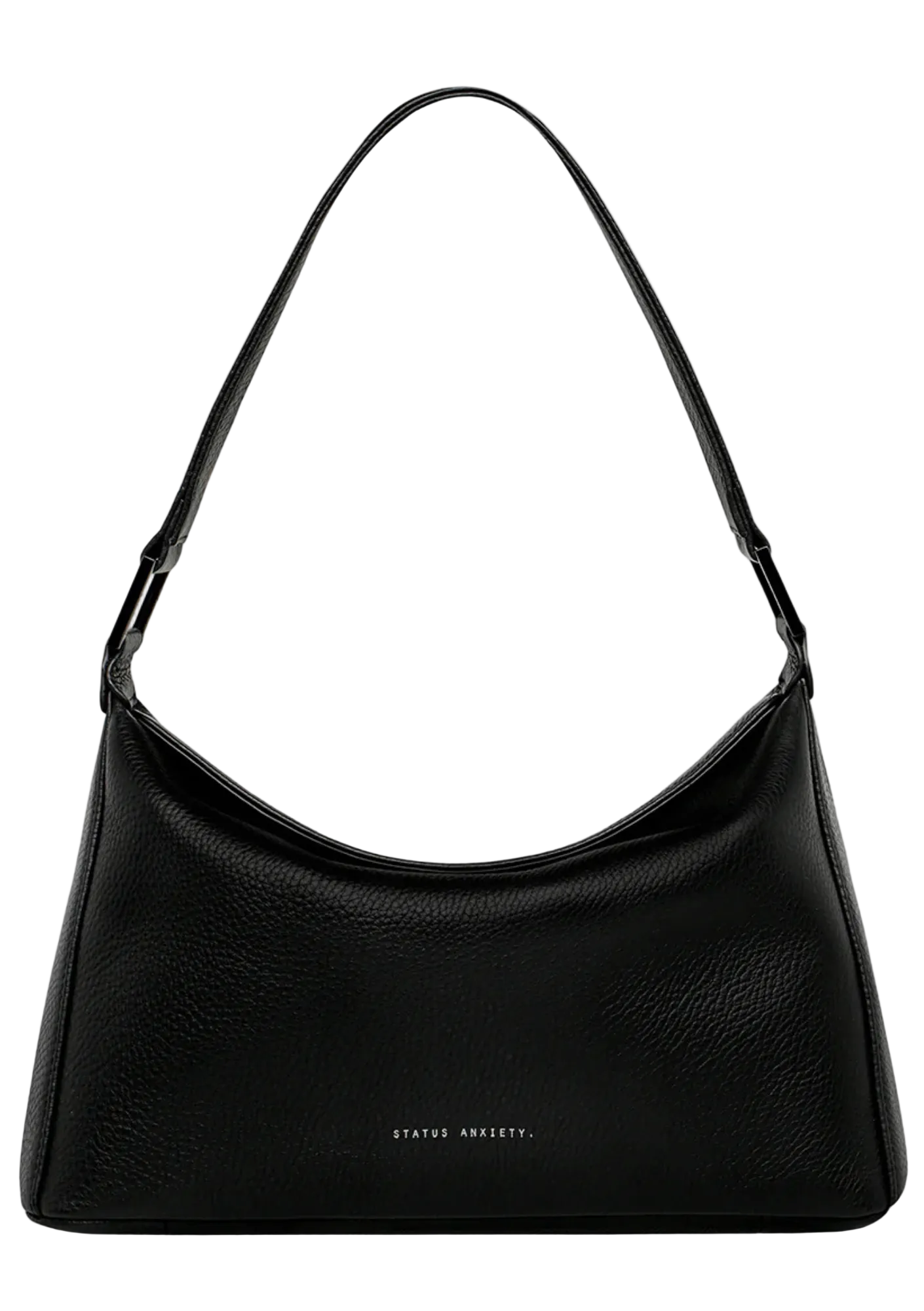 Black handbag with 'STATUS' branding on a white background