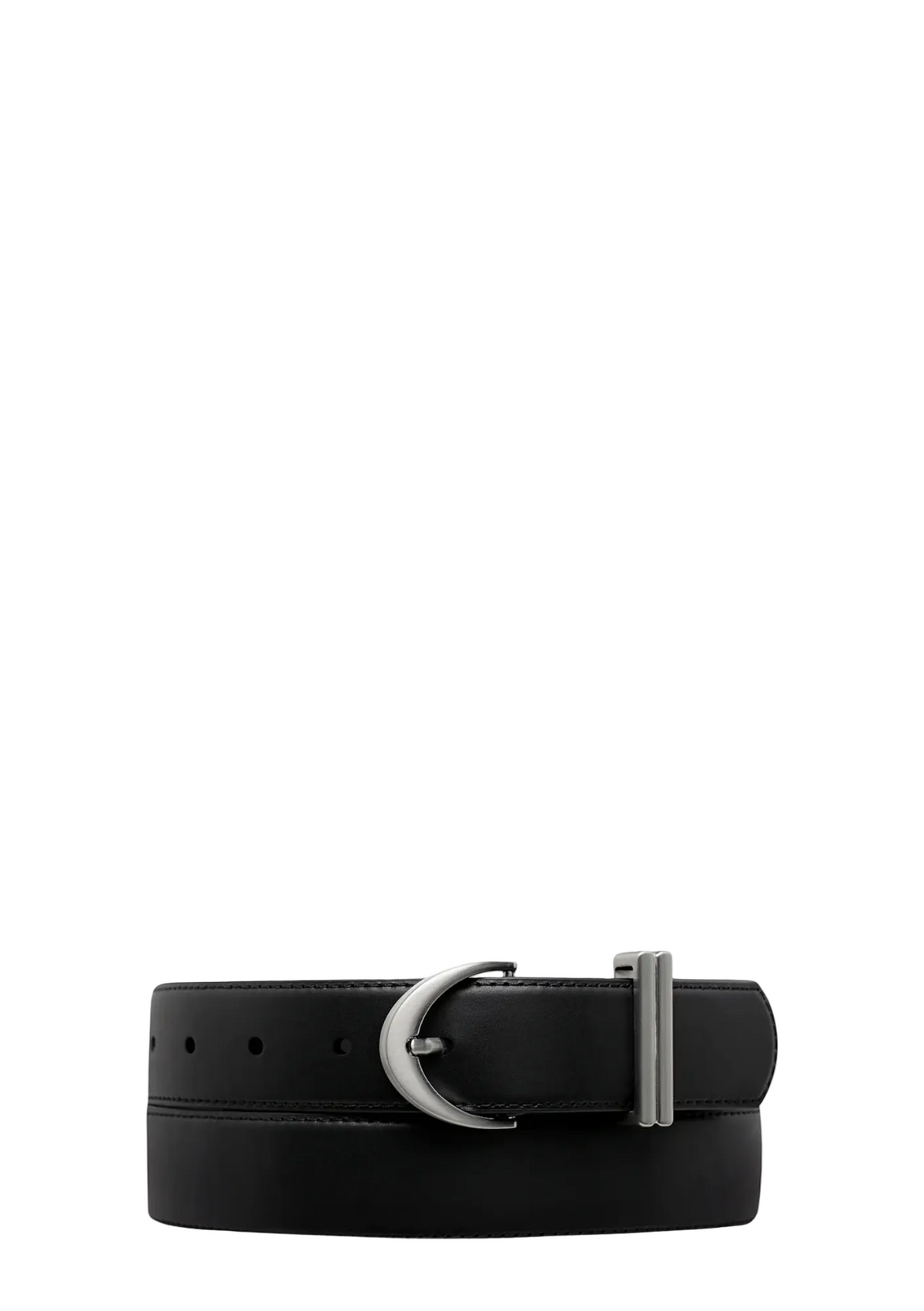 Black leather belt with a silver buckle on a white background