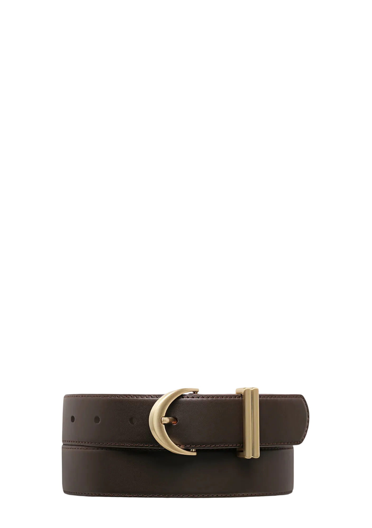 Brown leather belt with a gold buckle on a white background