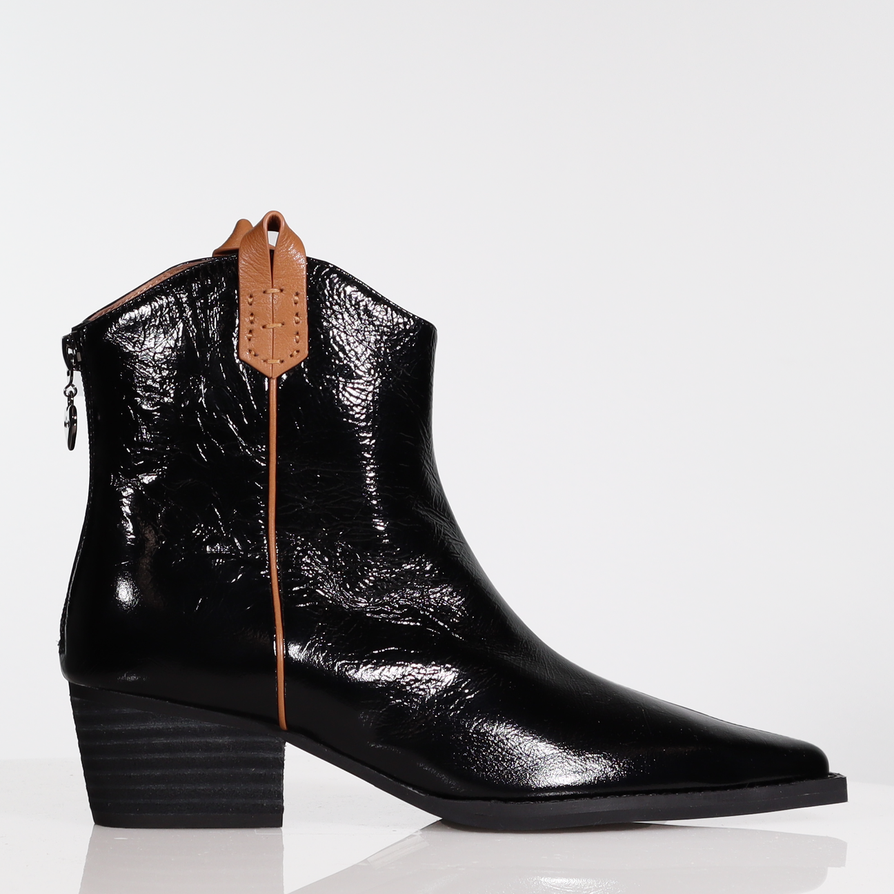 Ryder Ankle Boot - Black Crinkle Patent / Tan Trim