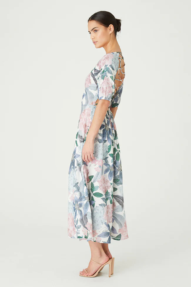 CLEARANCE Jude Puff Sleeve Midi Dress with Tie Back - Ivory Botanical