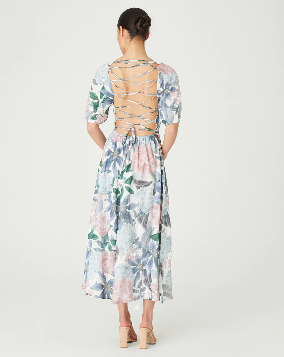 CLEARANCE Jude Puff Sleeve Midi Dress with Tie Back - Ivory Botanical