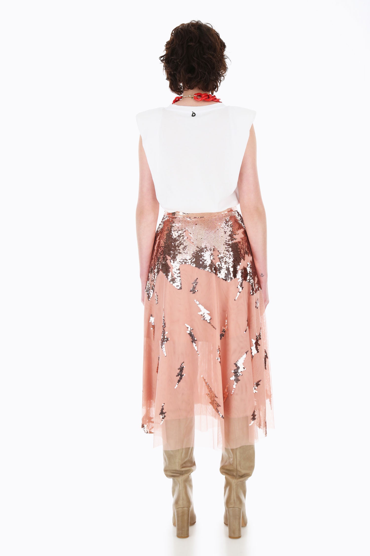 CLEARANCE Lightning Bolt Sequinned Sheer Midi Skirt - Nude