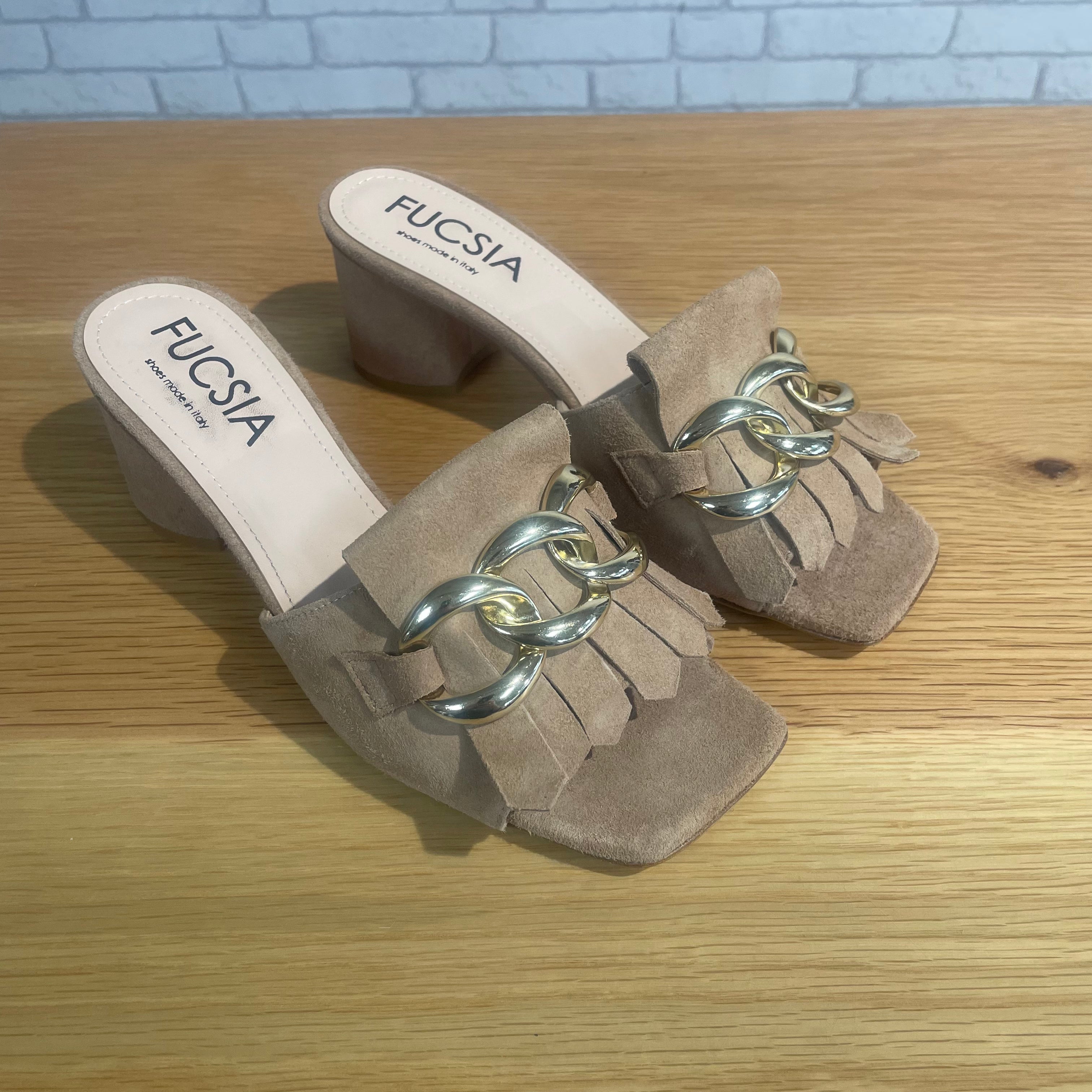 CLEARANCE Fringed Suede Heels with Gold Chain - Sand