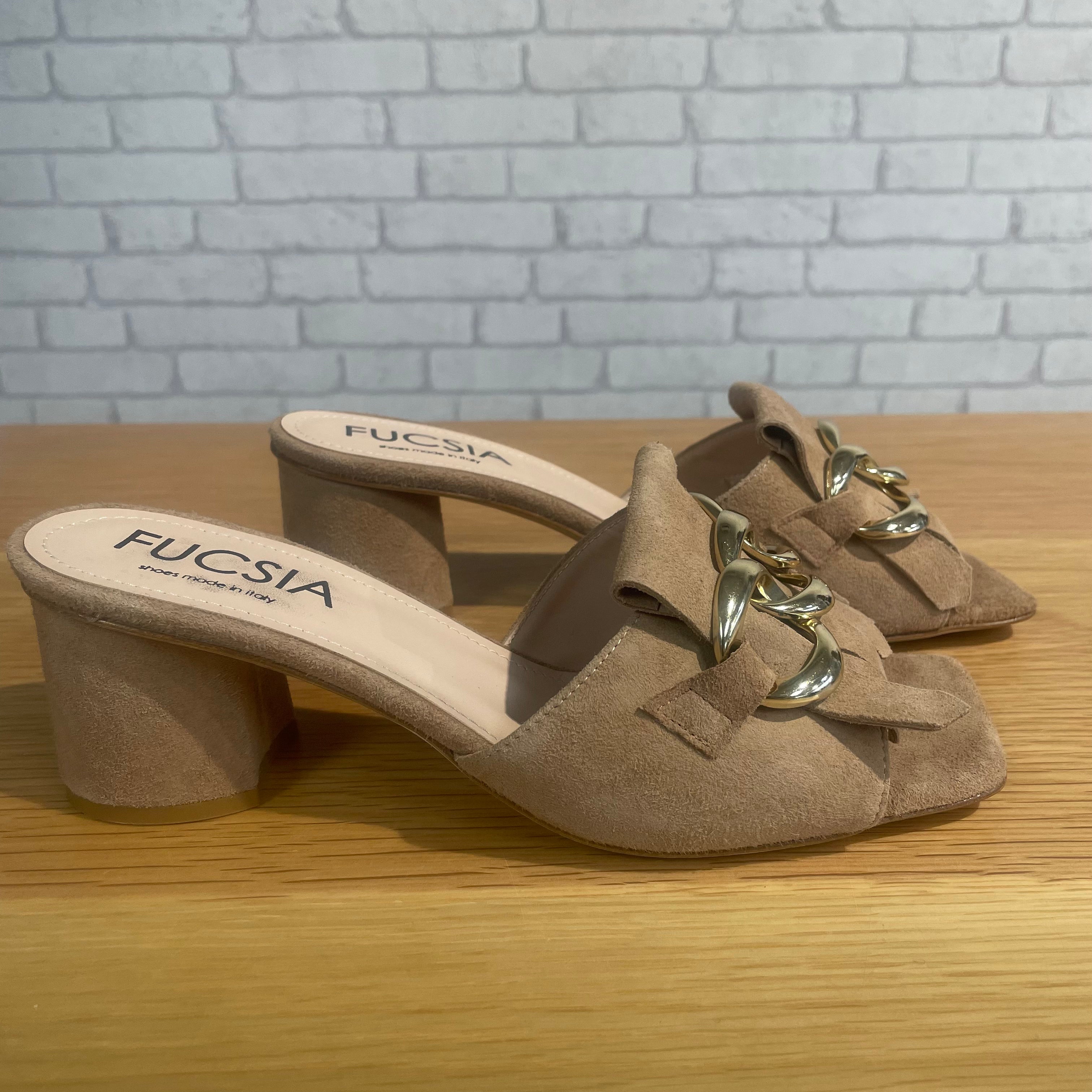 CLEARANCE Fringed Suede Heels with Gold Chain - Sand