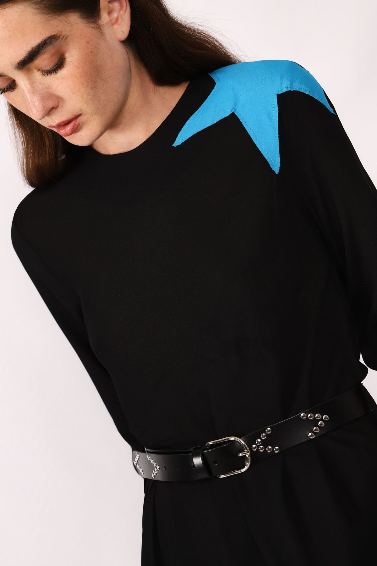 Dixie CLEARANCE Belted Midi Dress with Asymmetrical Hem - Nero / Cyan