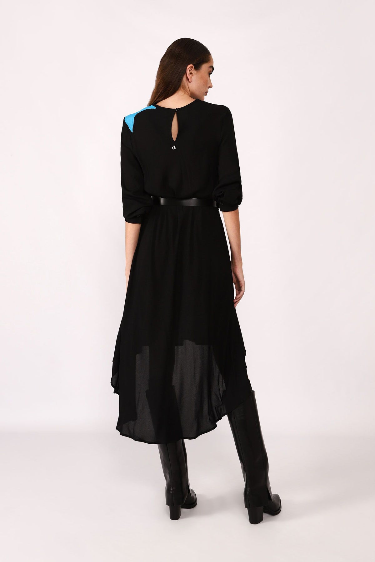 Dixie CLEARANCE Belted Midi Dress with Asymmetrical Hem - Nero / Cyan