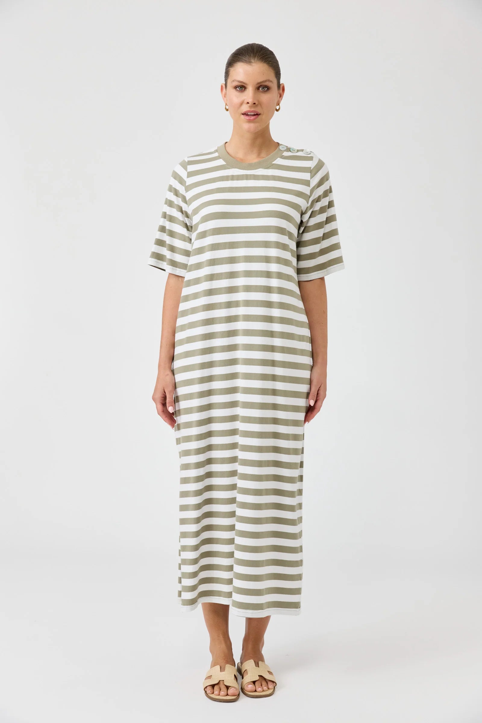 Studio Stripe T Shirt Dress - Olive